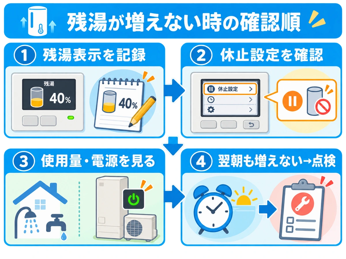 エコキュートの残湯表示を記録し休止設定・使用量・電源・翌朝の点検を確認する順番
