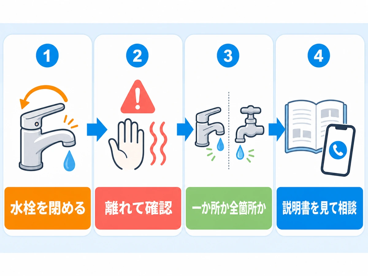 水栓を閉めて離れ、一か所か全箇所かを確認して修理相談へ進む判断フロー