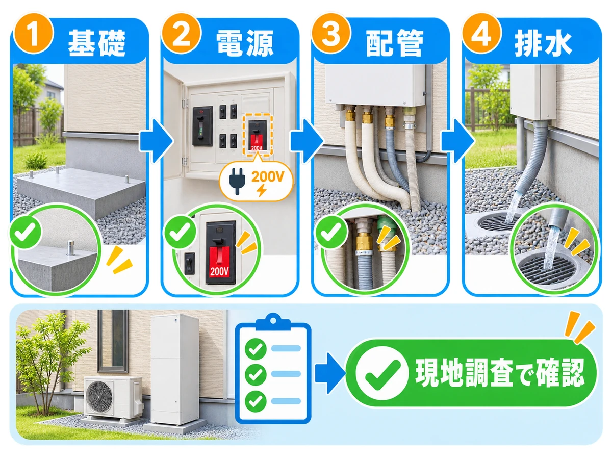 エコキュート設置前に基礎・電源・配管・排水を順に確認する図