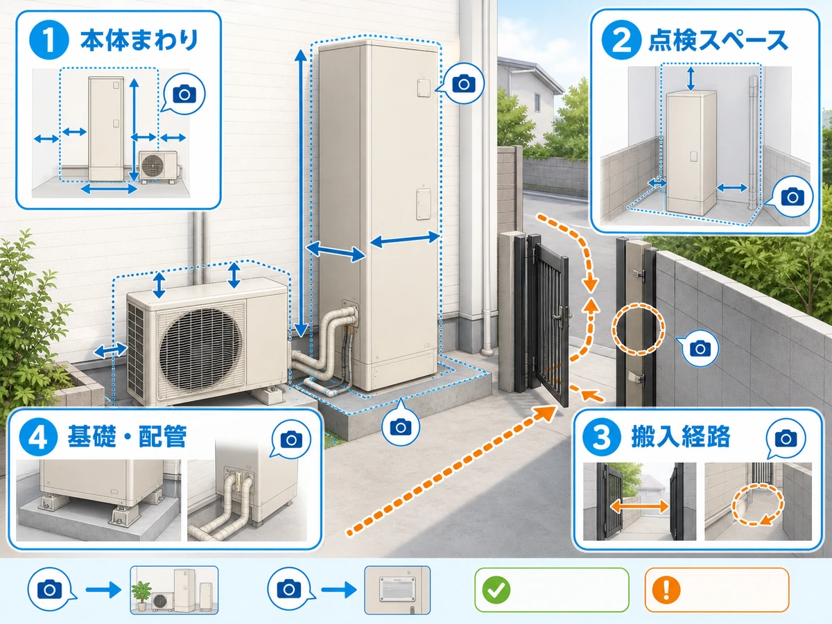 エコキュート設置前に確認する本体まわり・点検スペース・搬入経路・基礎配管の図