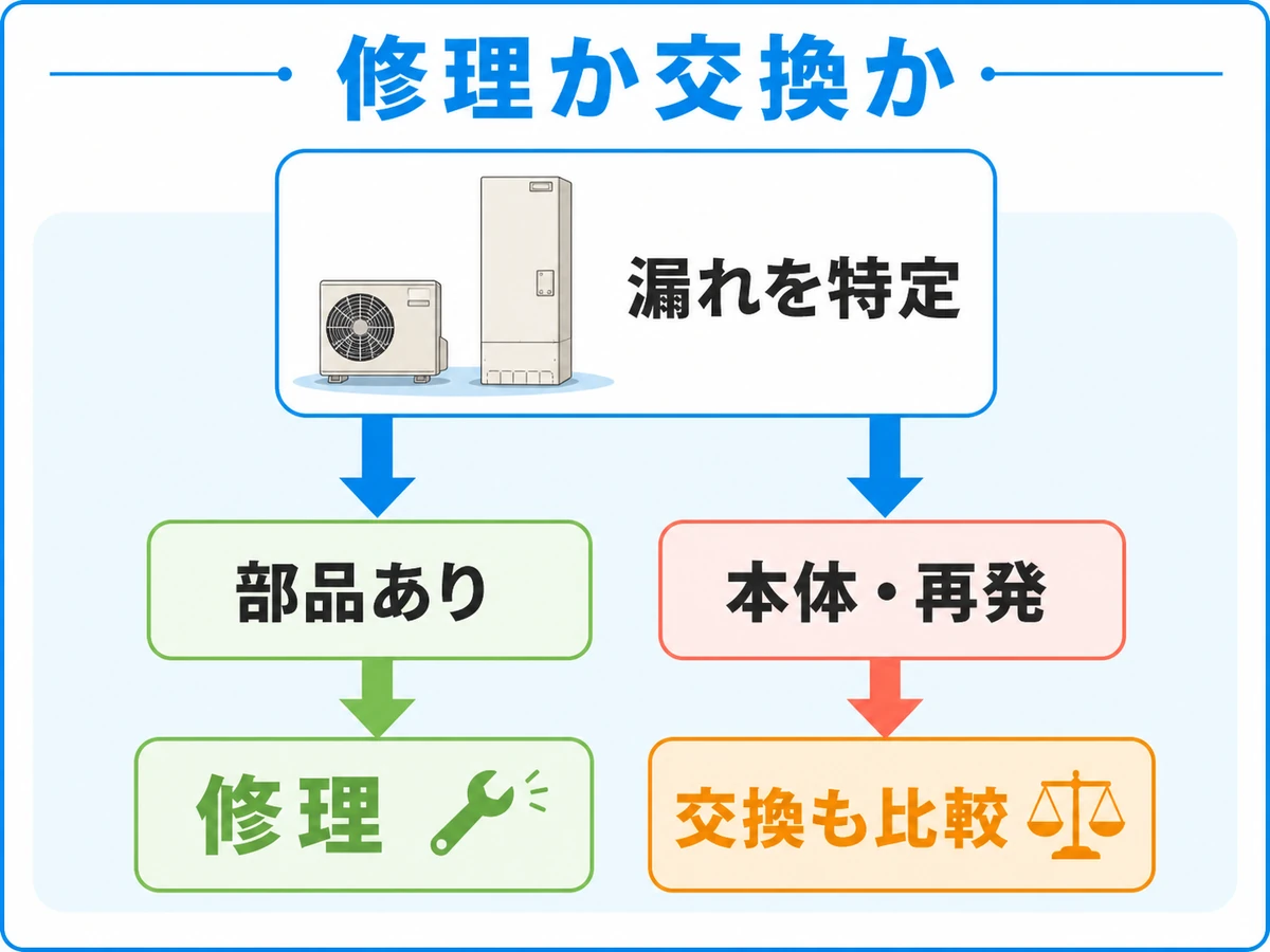 エコキュートの漏れを特定し、部品があれば修理、本体内部や再発なら交換も比較する判断図