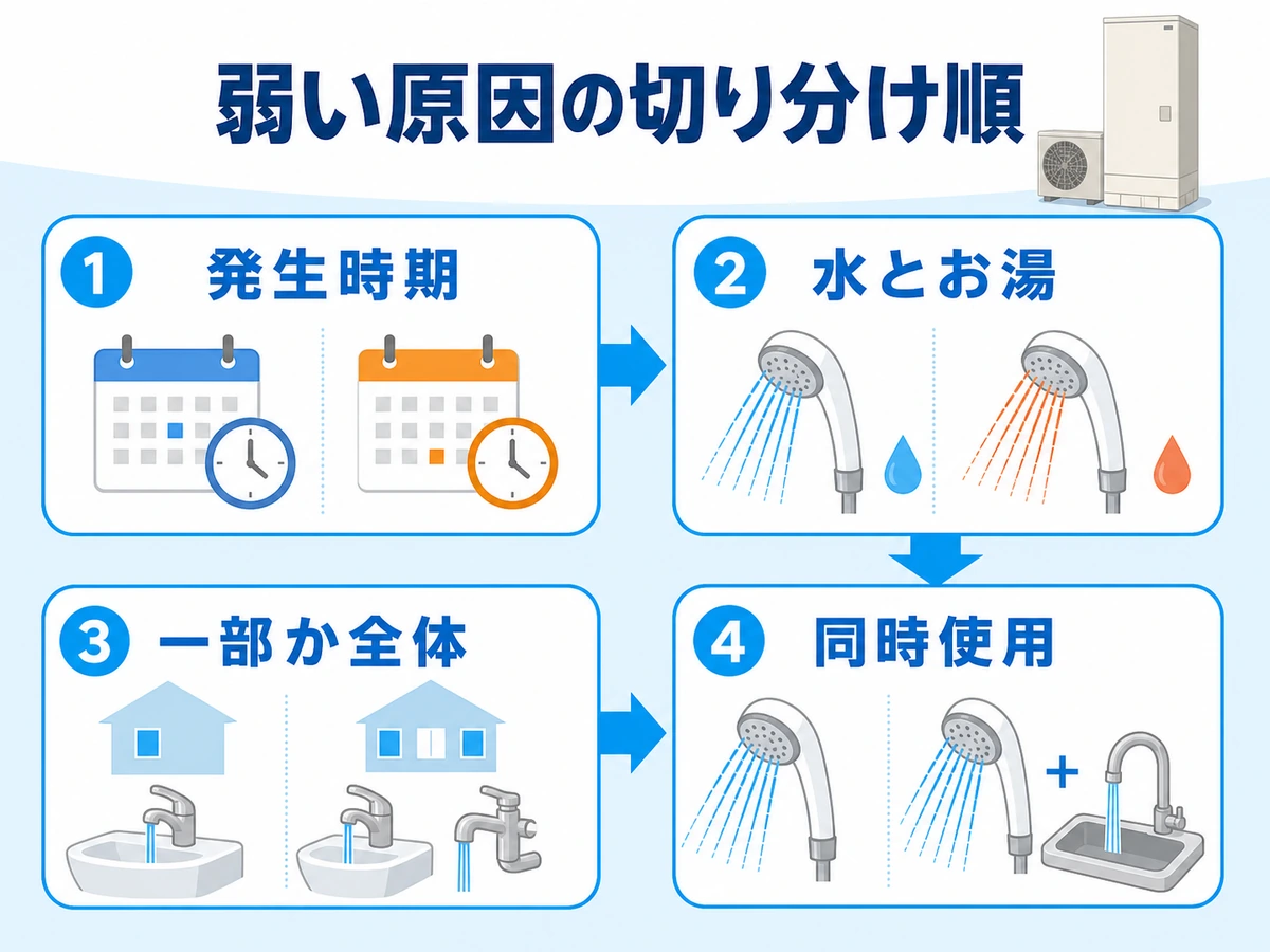 発生時期、水とお湯、一部か全体、同時使用の順にシャワーの弱さを切り分ける図