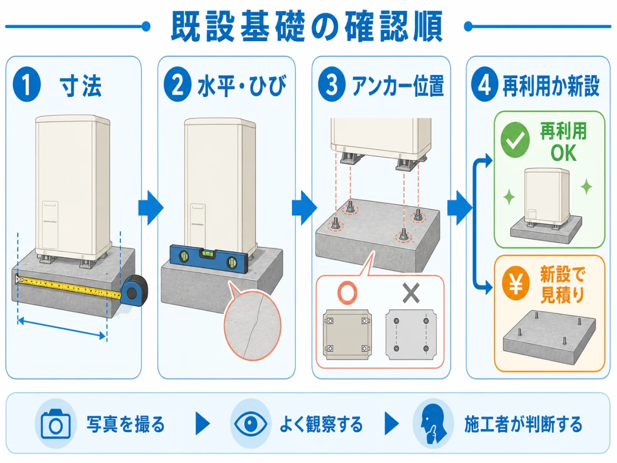既設基礎の寸法、水平とひび、アンカー位置を確認して再利用か新設かを判断する順番