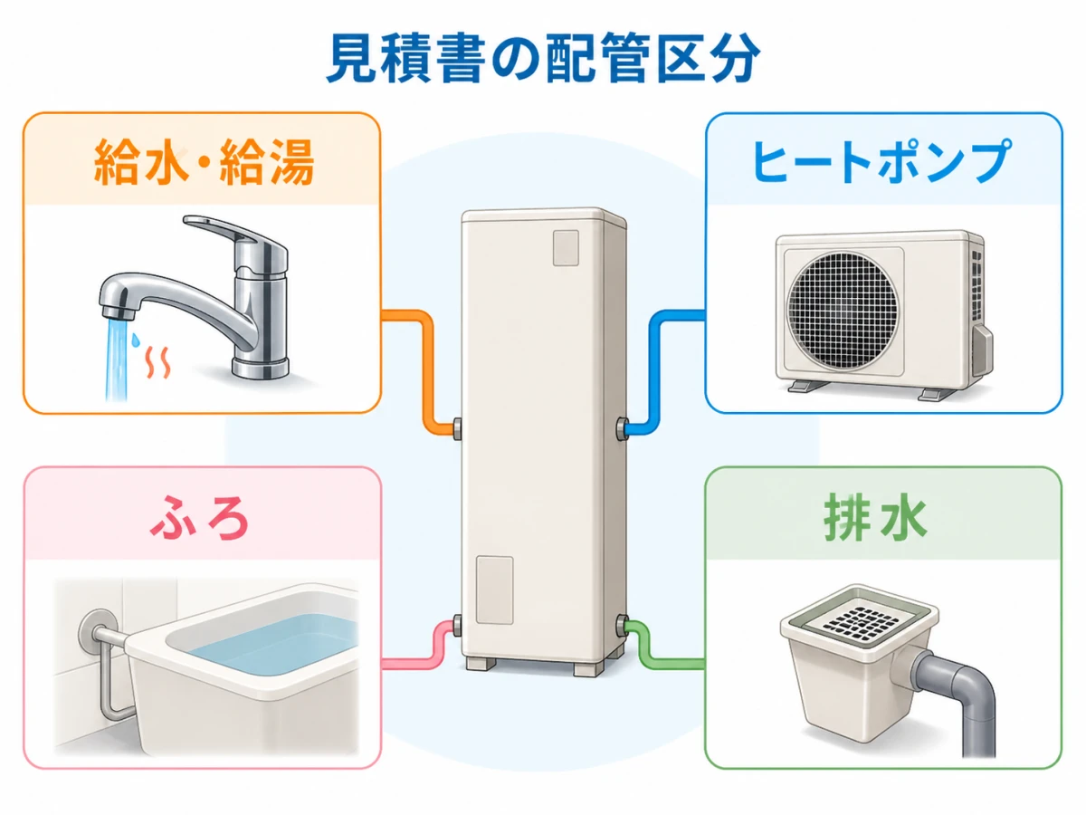 エコキュートの給水・給湯、ヒートポンプ、ふろ、排水の配管区分