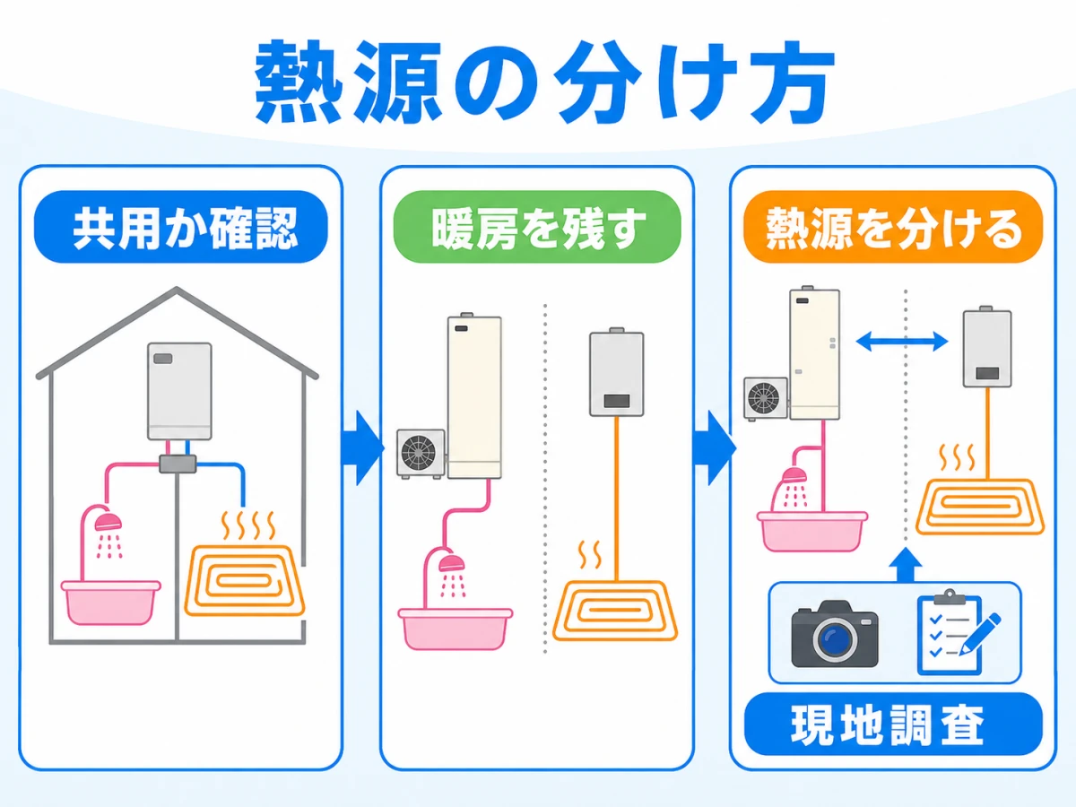 給湯と床暖房の熱源を共用確認から残置・分離へ分ける判断図