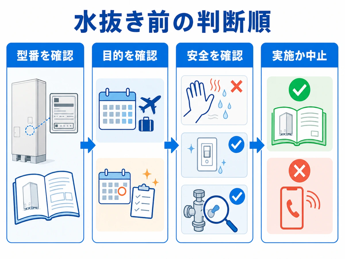 エコキュートの型番、目的、安全条件を確認して水抜きの実施か中止を判断する順番
