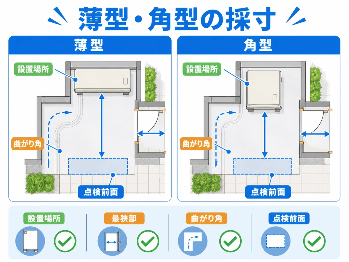 薄型と角型の設置場所・最狭部・曲がり角・点検前面を測る比較図