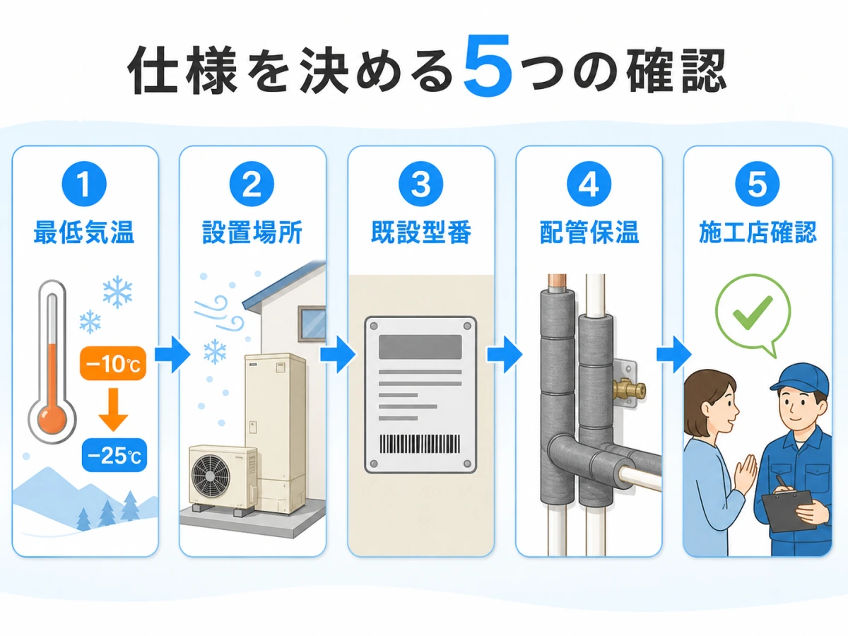 エコキュートの地域仕様を決めるために最低気温、設置場所、既設型番、配管保温、施工店確認を順に見る図