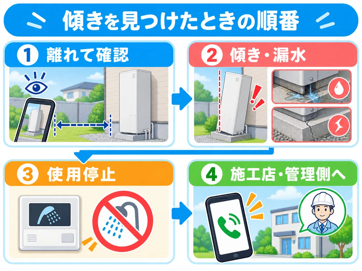 傾いたエコキュートを離れて確認し、使用停止して施工店や管理側へ連絡する流れ