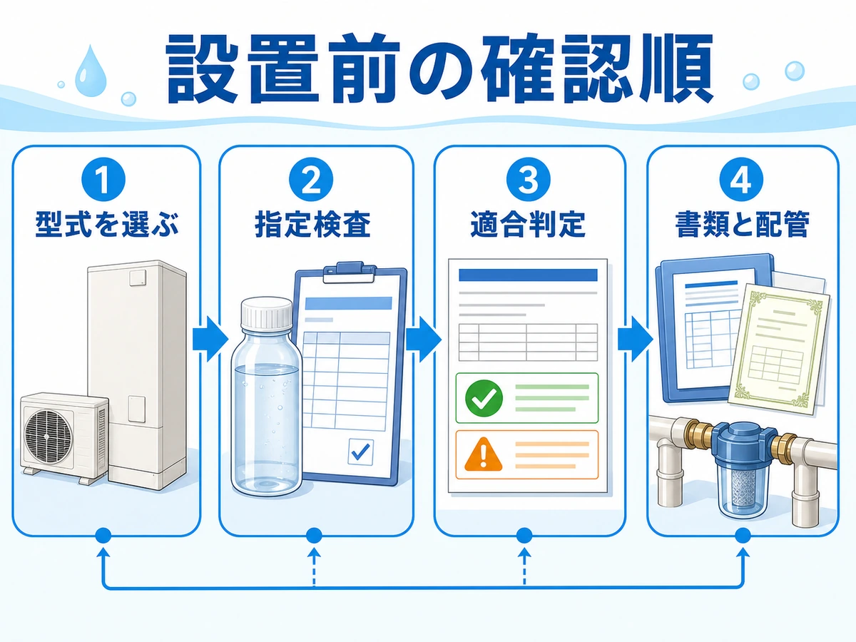 井戸水対応エコキュートの型式選定から指定検査、適合判定、保証書類と配管確認までの順番