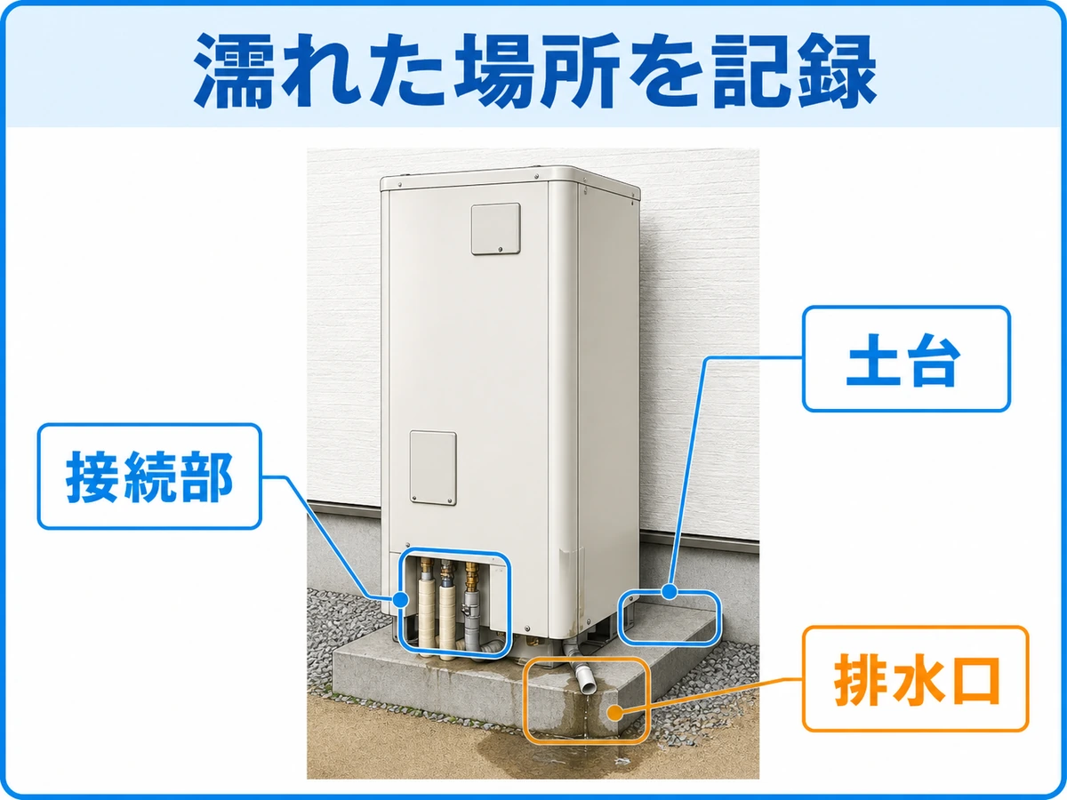 エコキュートの貯湯タンク下で土台・接続部・排水口を記録する位置図