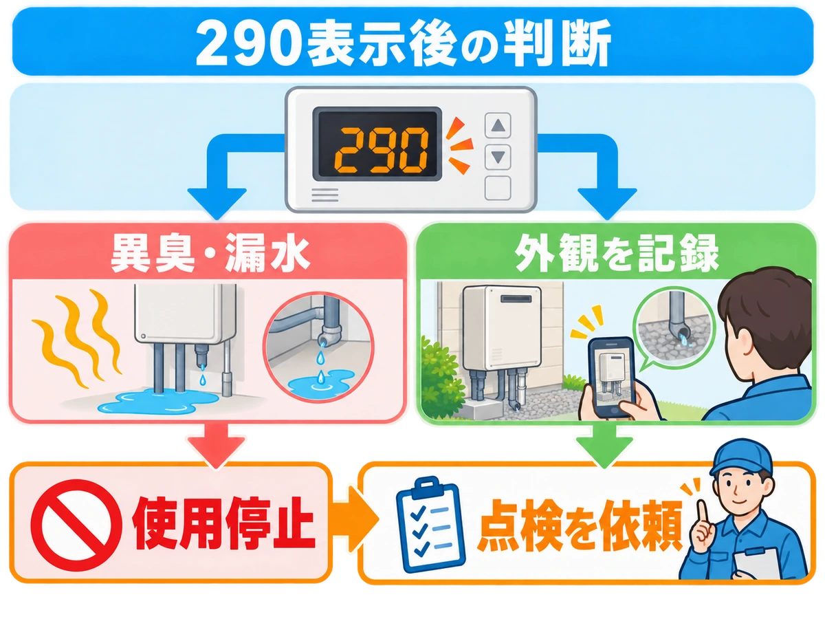 290表示後に異臭や漏水なら使用を止め、異常がなければ外観を記録して点検を依頼する流れ