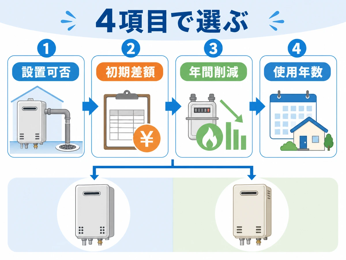 設置可否、初期差額、年間削減、使用年数の4項目で給湯器を選ぶ流れ