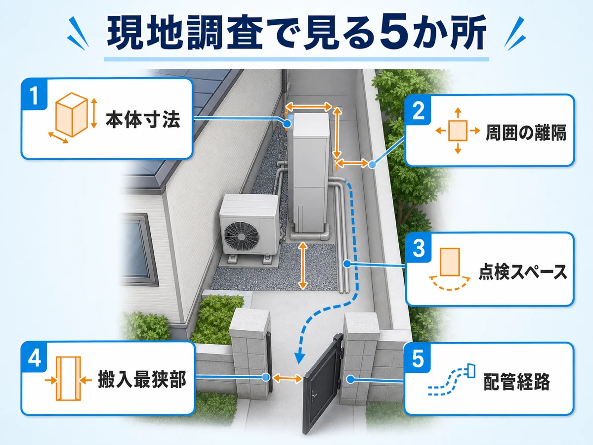 エコワンの本体寸法、離隔、点検スペース、搬入最狭部、配管経路を示す現地調査図