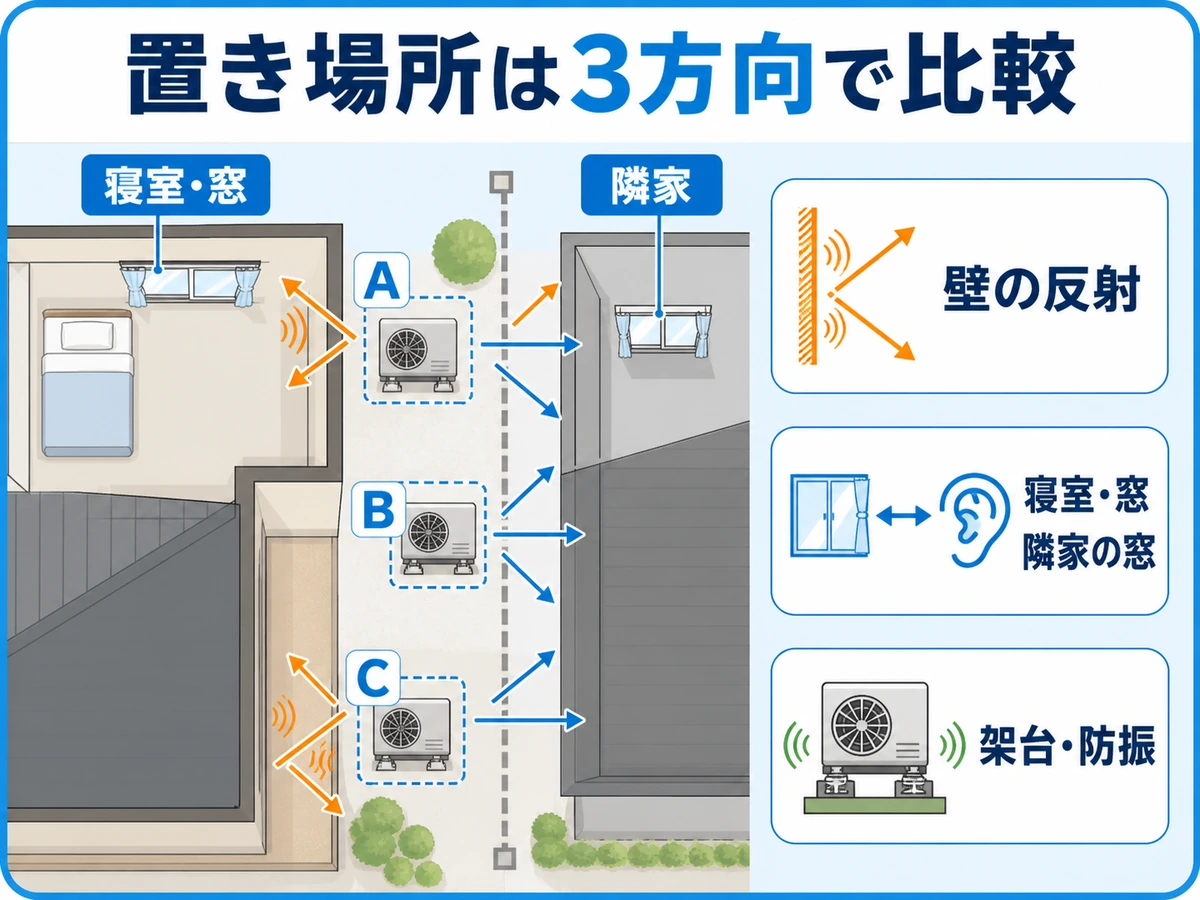 エコワンの設置候補A・B・Cを寝室の窓、隣家、壁の反射、架台と防振から比べる図