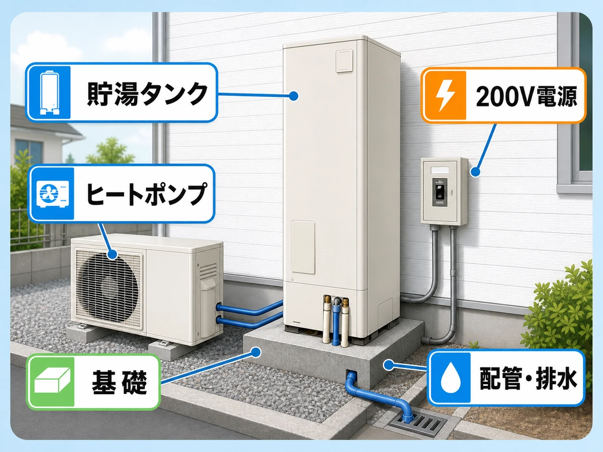 エコキュート設置で確認する貯湯タンク、ヒートポンプ、基礎、200V電源、配管と排水の位置