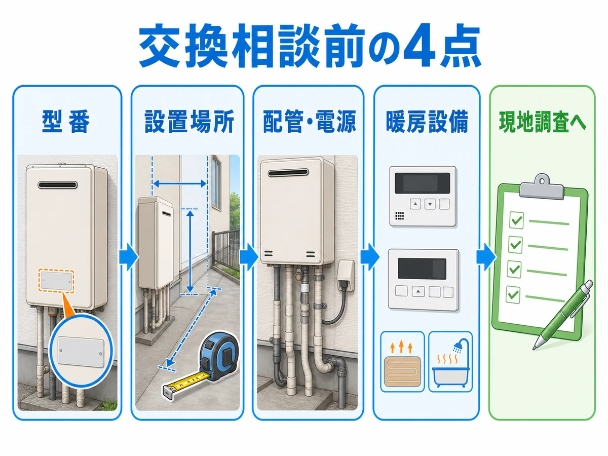 エコワン交換相談前に型番・設置場所・配管と電源・暖房設備を確認する図