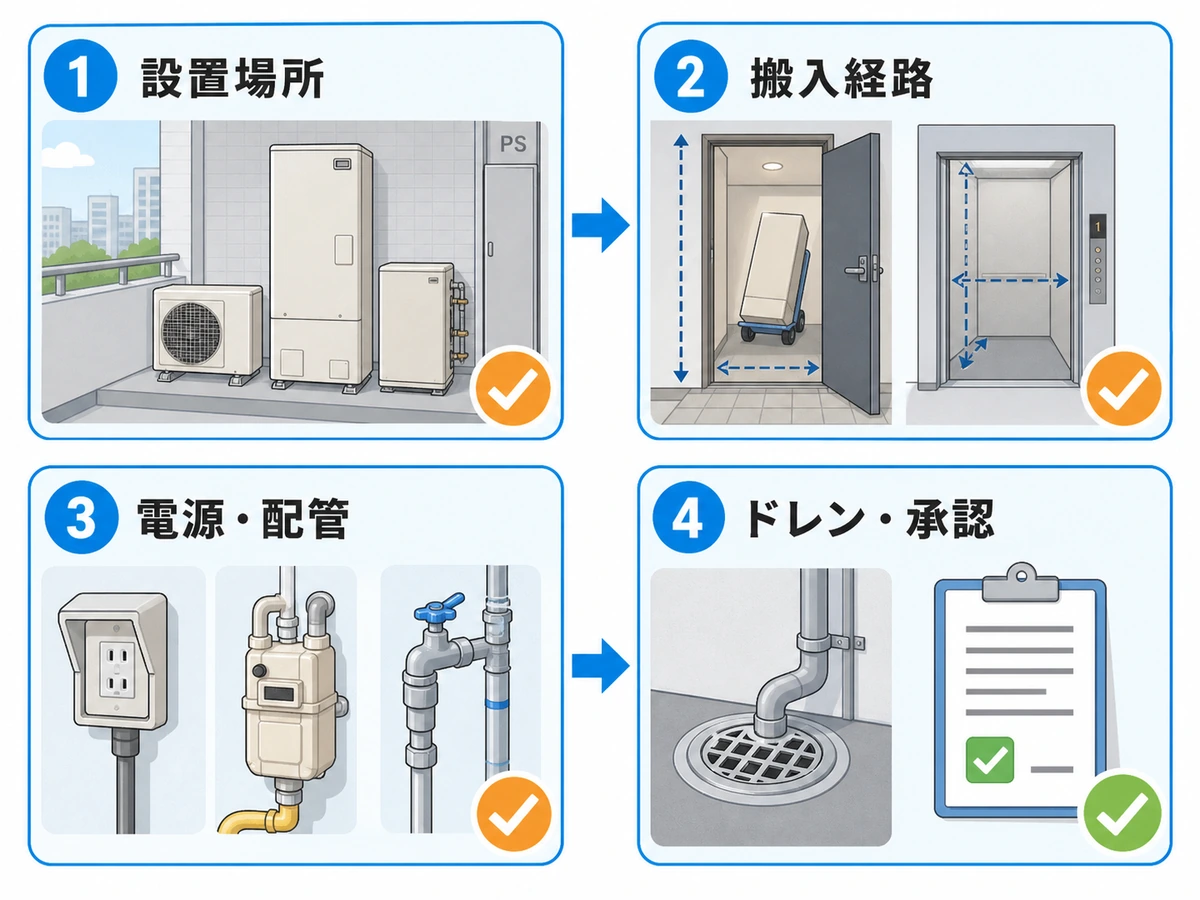 マンションのハイブリッド給湯器設置を場所・搬入・電源配管・ドレン承認の順に確認する図