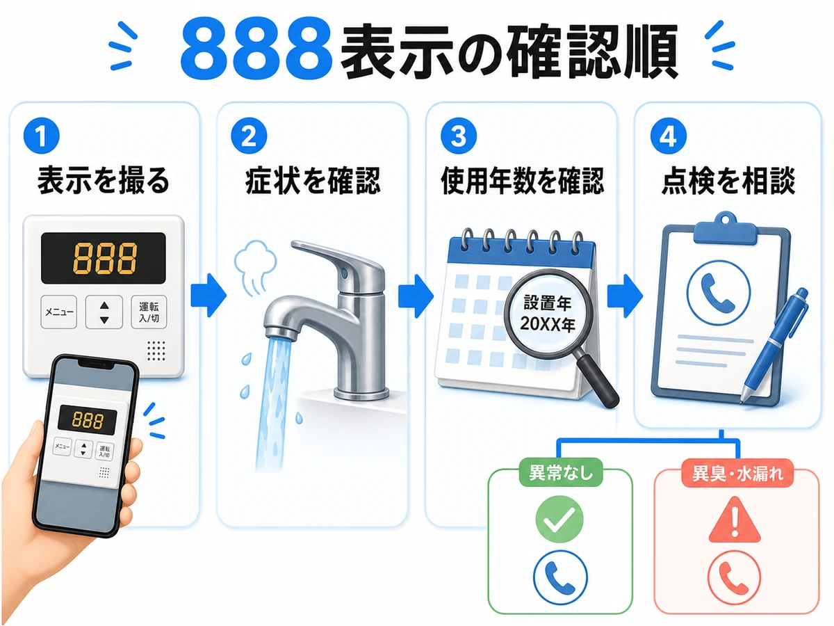 888表示を撮影し症状と使用年数を確認して点検相談へ進む4段階
