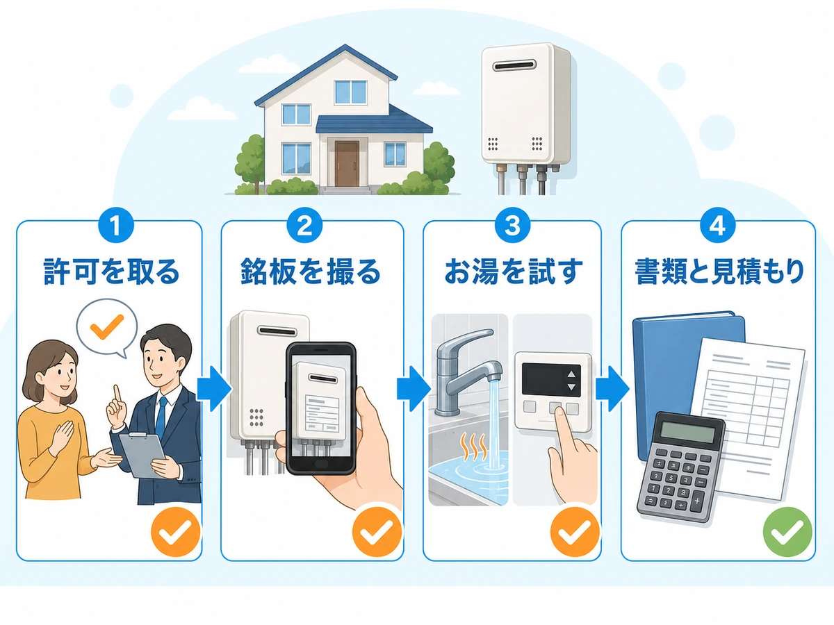 中古住宅の購入前に、許可、銘板撮影、動作確認、書類と見積もりの順で給湯器を確認する流れ