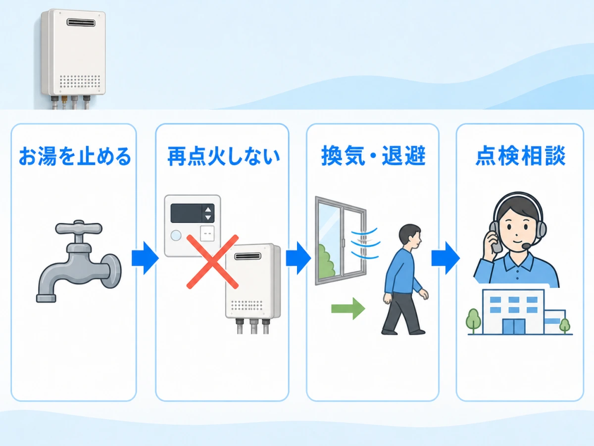 給湯器がボンと鳴った後に、お湯を止め、再点火せず、換気・退避して点検相談する流れ