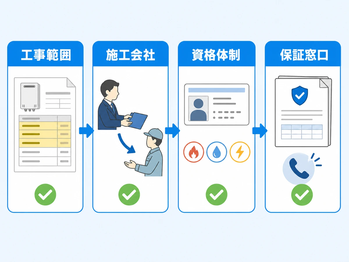 給湯器交換の工事範囲、施工会社、資格体制、保証窓口を確認する4段階