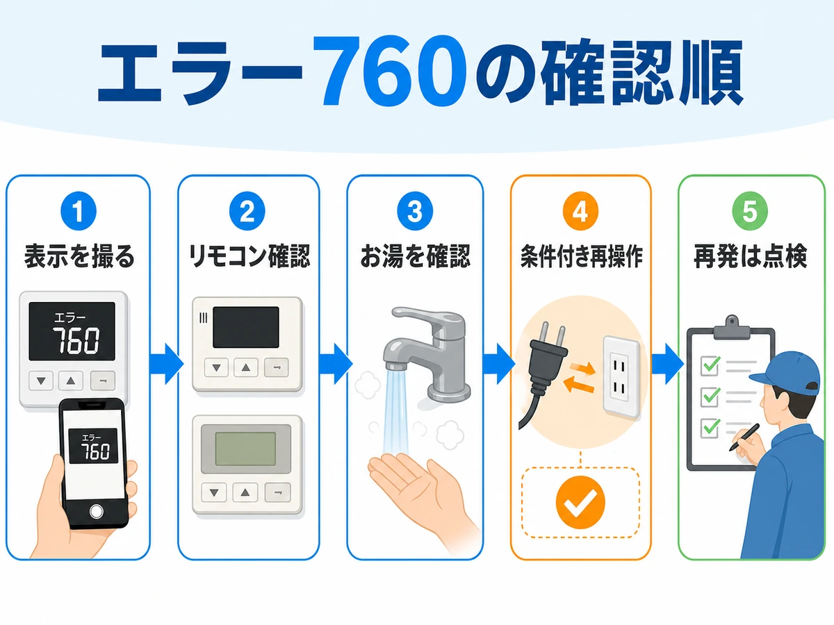エラー760の表示撮影からリモコン・お湯確認、条件付き再操作、再発時点検までの順番