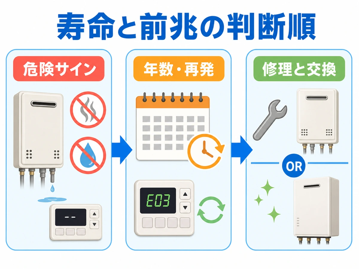 給湯器の危険サイン、年数と再発、修理と交換の順に判断する図
