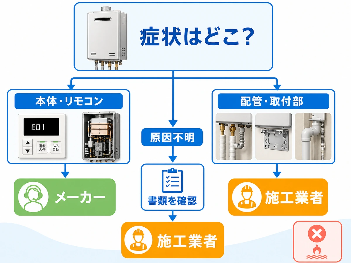 給湯器の症状が本体・リモコンならメーカー、配管・取付部なら施工業者、原因不明なら書類確認後に施工業者へ連絡する流れ