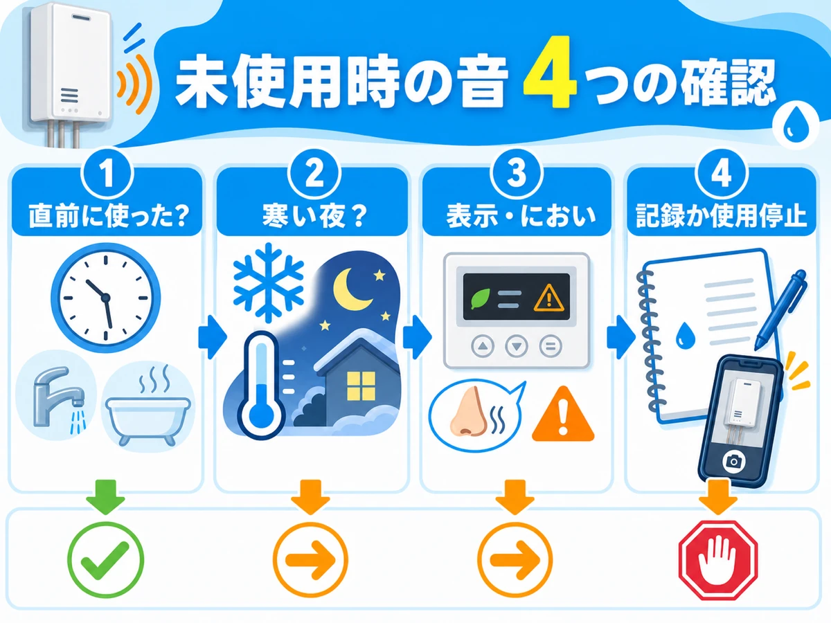 給湯器の未使用時の音を直前の使用、寒い夜、表示とにおい、記録か使用停止の順で確認する図