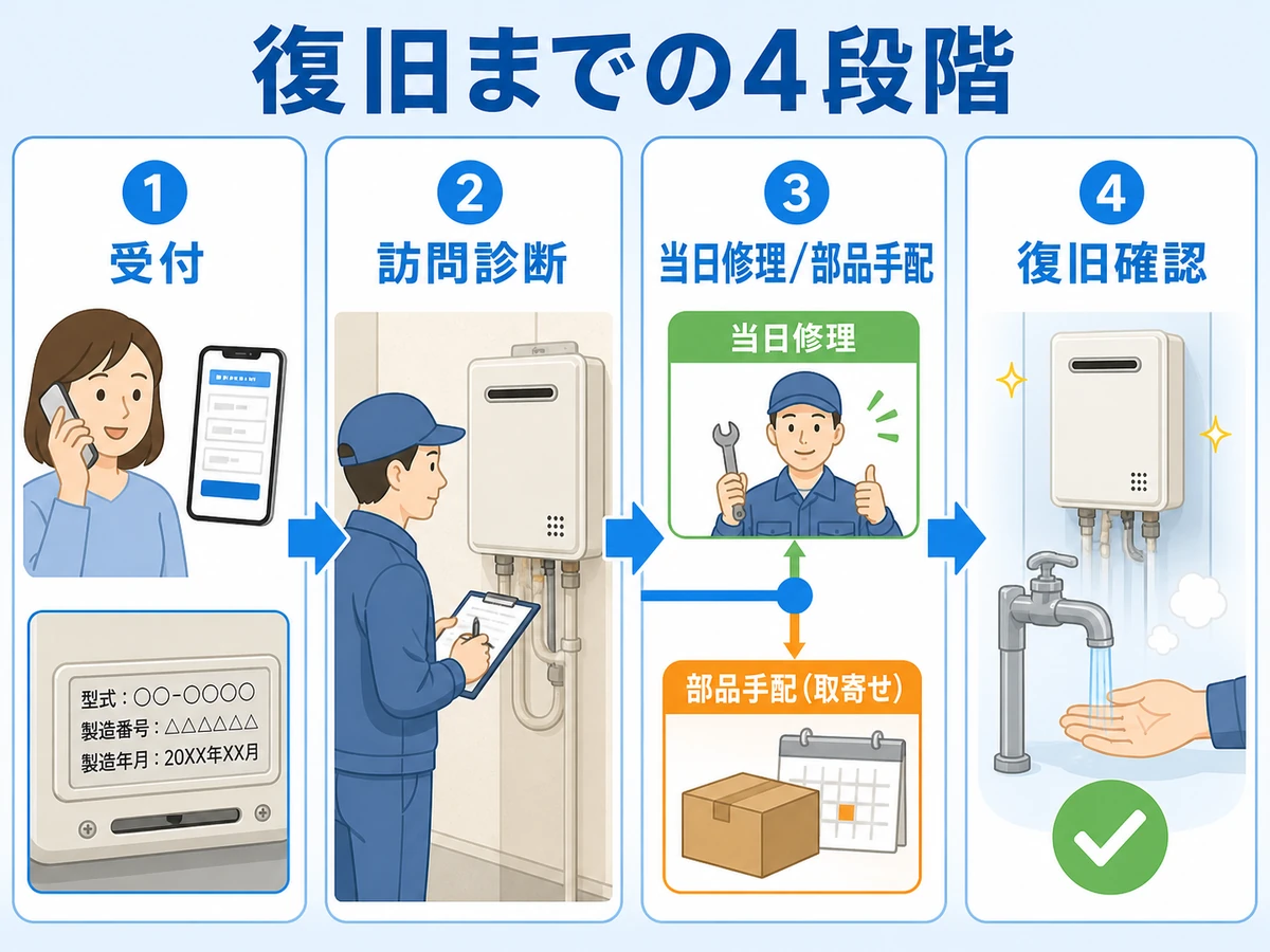 給湯器修理が受付、訪問診断、当日修理または部品手配、復旧確認へ進む流れ