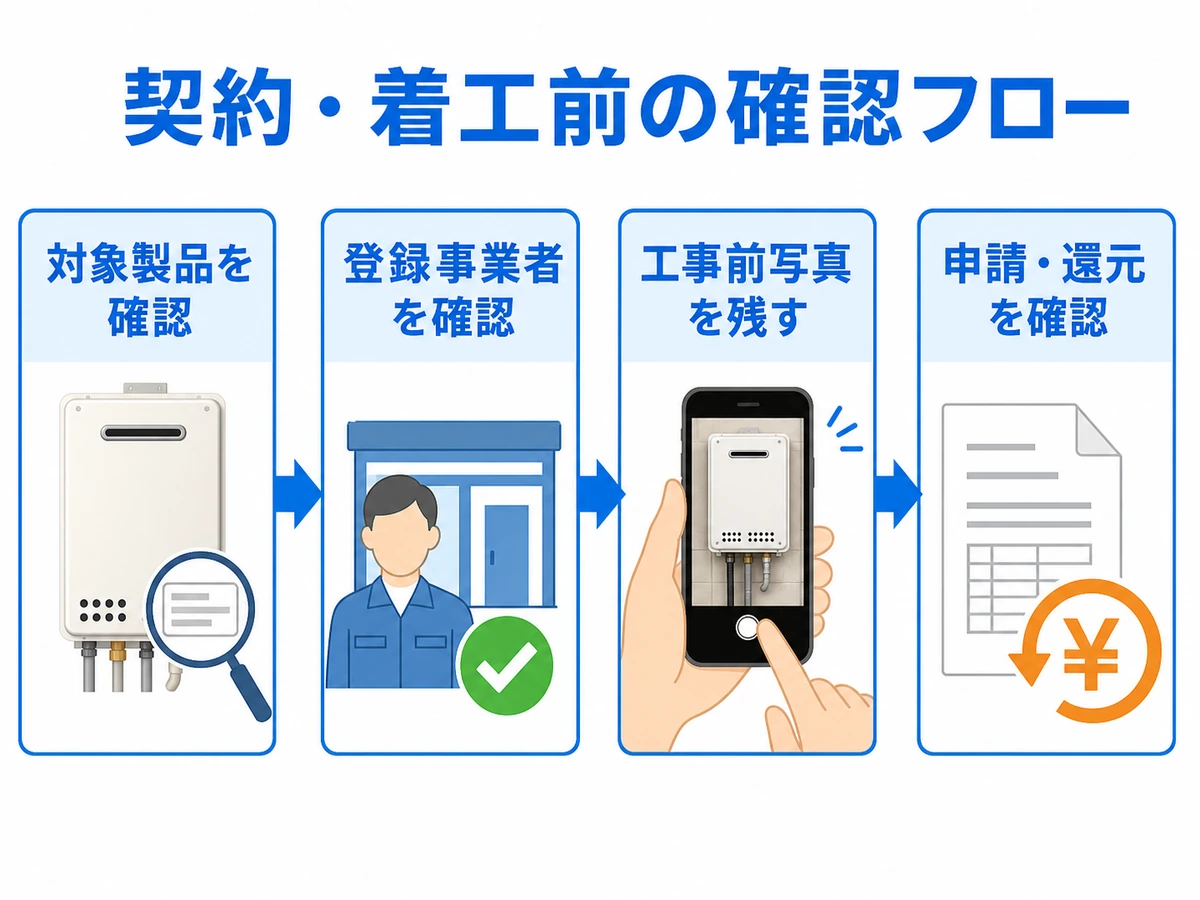 給湯省エネ2026で契約・着工前に対象製品、登録事業者、工事前写真、申請と還元を確認する流れ