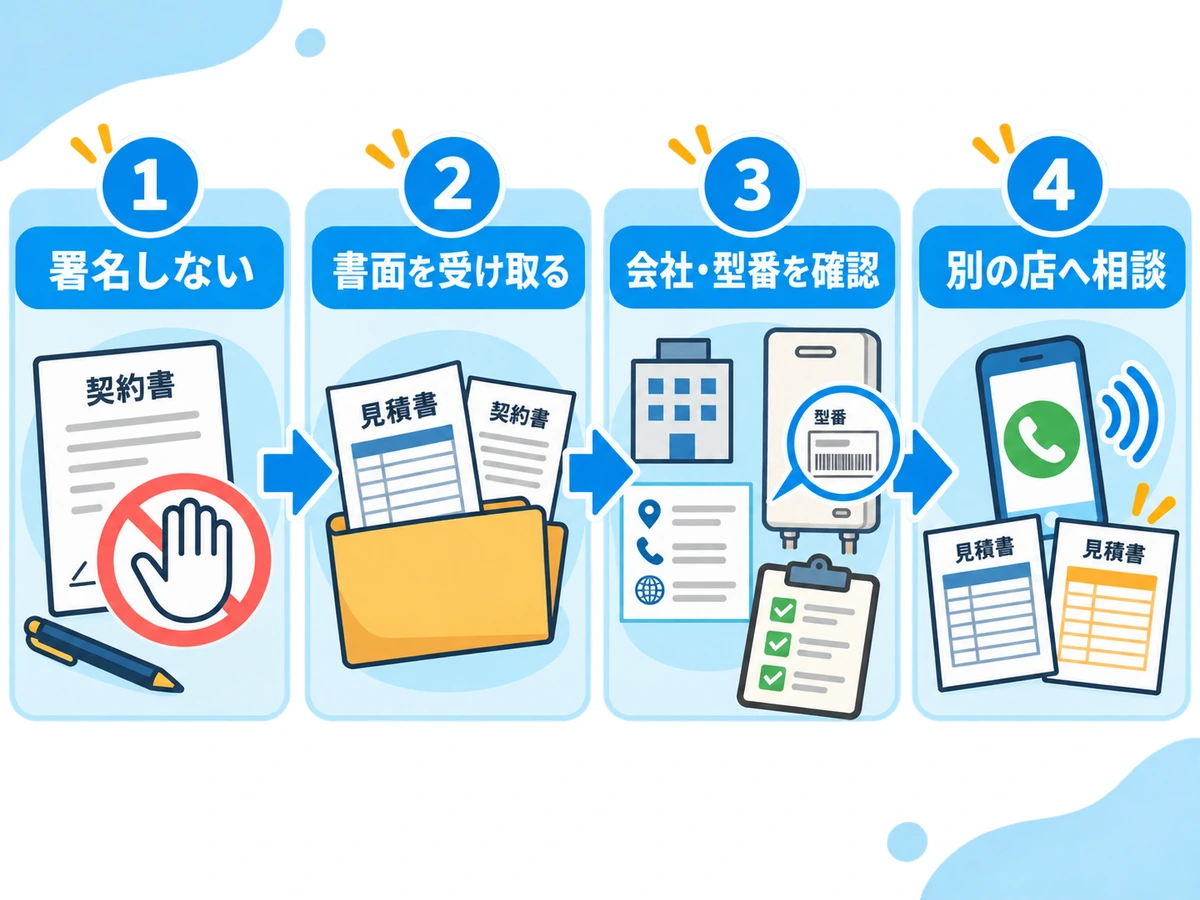 署名せず書面を受け取り、会社と給湯器の型番を確認して別の施工店へ相談する流れ