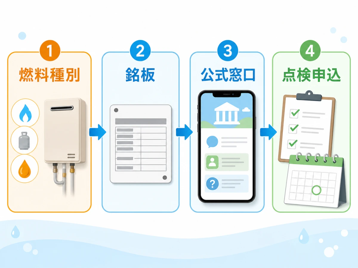 給湯器の点検案内を燃料種別、銘板、公式窓口、点検申込の順で確認する流れ