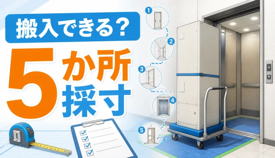 マンションのエレベーターへエコキュートを搬入する前に5か所を採寸するイメージ