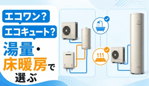 エコワンとエコキュートを湯量と床暖房で比較するイメージ
