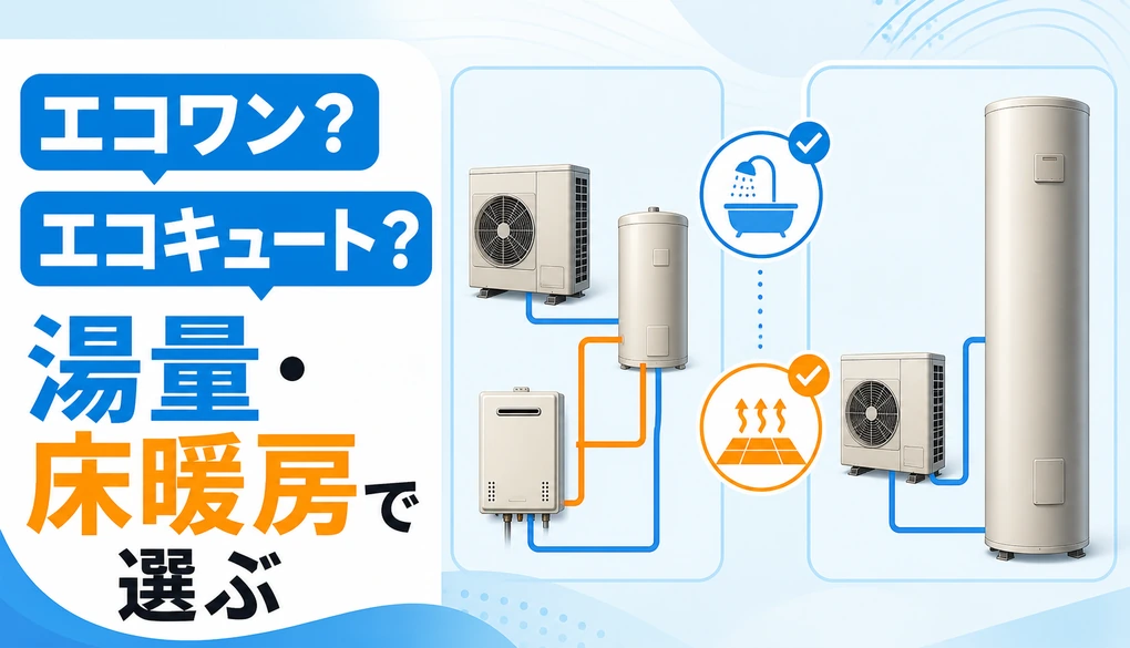 エコワンとエコキュートを湯量と床暖房で比較するイメージ