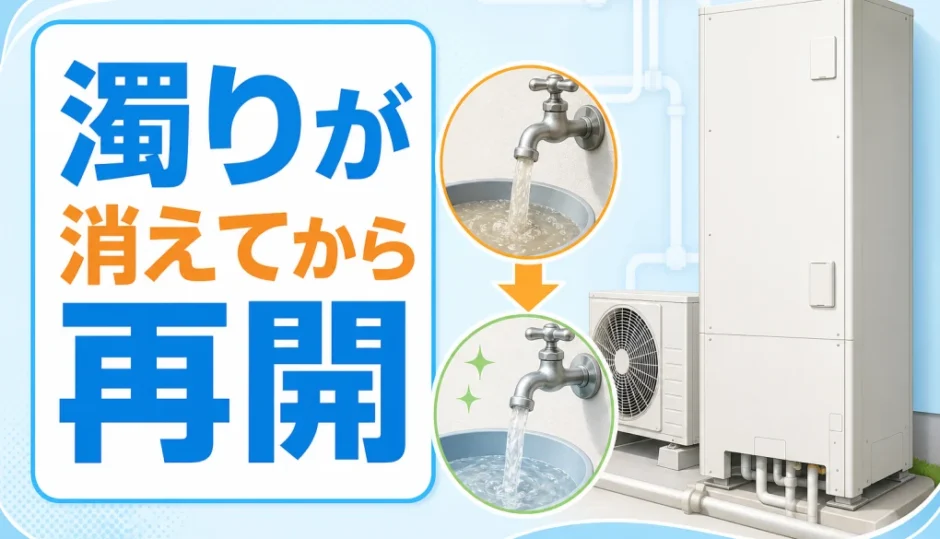 断水復旧後、濁りが消えてからエコキュートを再開する判断を示す画像