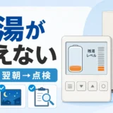 残湯表示が増えないエコキュートで設定から翌朝の点検までを確認するイメージ