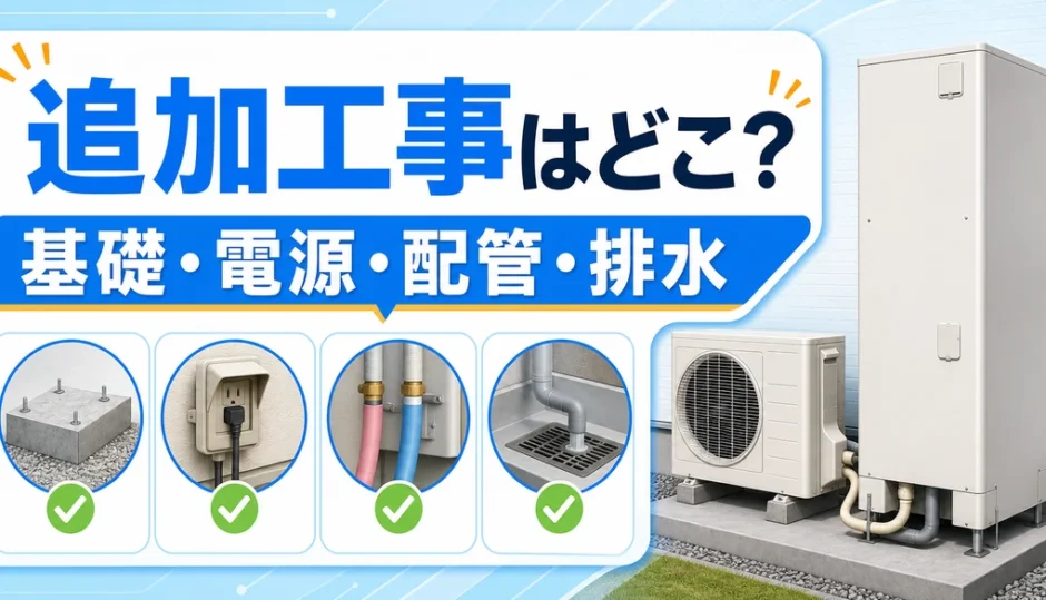 エコキュートの追加工事箇所を基礎・電源・配管・排水で示すサムネイル