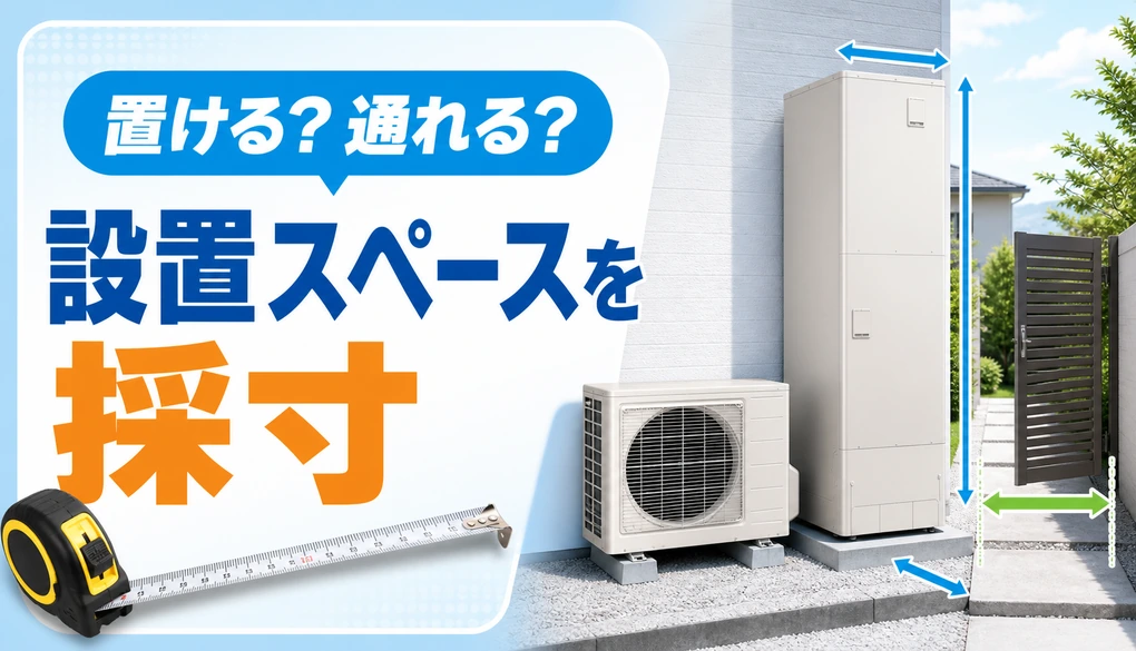 エコキュート本体と門扉の設置スペースをメジャーで採寸するイメージ