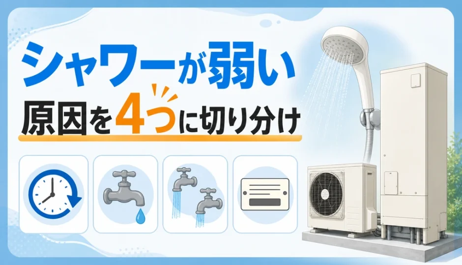 エコキュートのシャワーが弱い原因を4つの観察で切り分けるイメージ