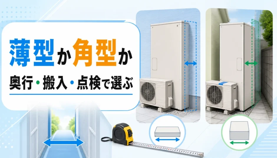 薄型と角型のエコキュートを奥行き・搬入・点検空間で比べるイメージ