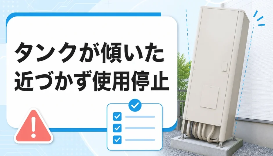 傾いて見えるエコキュートのタンクと、近づかず使用停止する初動