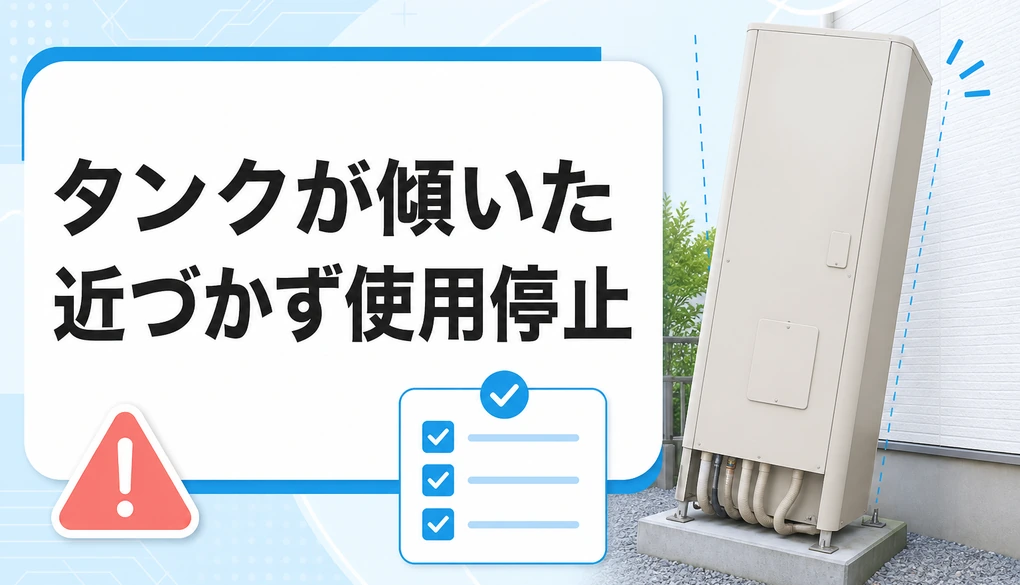 傾いて見えるエコキュートのタンクと、近づかず使用停止する初動