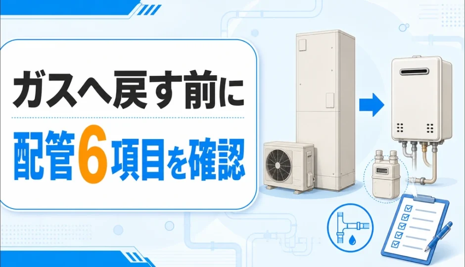 エコキュートからガス給湯器へ戻す前に配管や工事の6項目を確認するイメージ