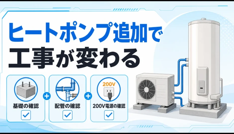 電気温水器からエコキュートへ替える際に増えるヒートポンプと基礎・配管・200V電源の確認
