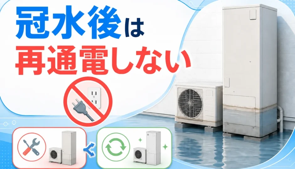冠水したエコキュートを再通電しないよう示す修理・買い替え判断のサムネイル