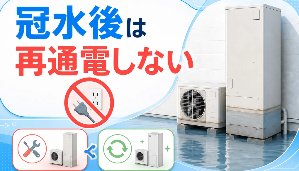 冠水したエコキュートを再通電しないよう示す修理・買い替え判断のサムネイル