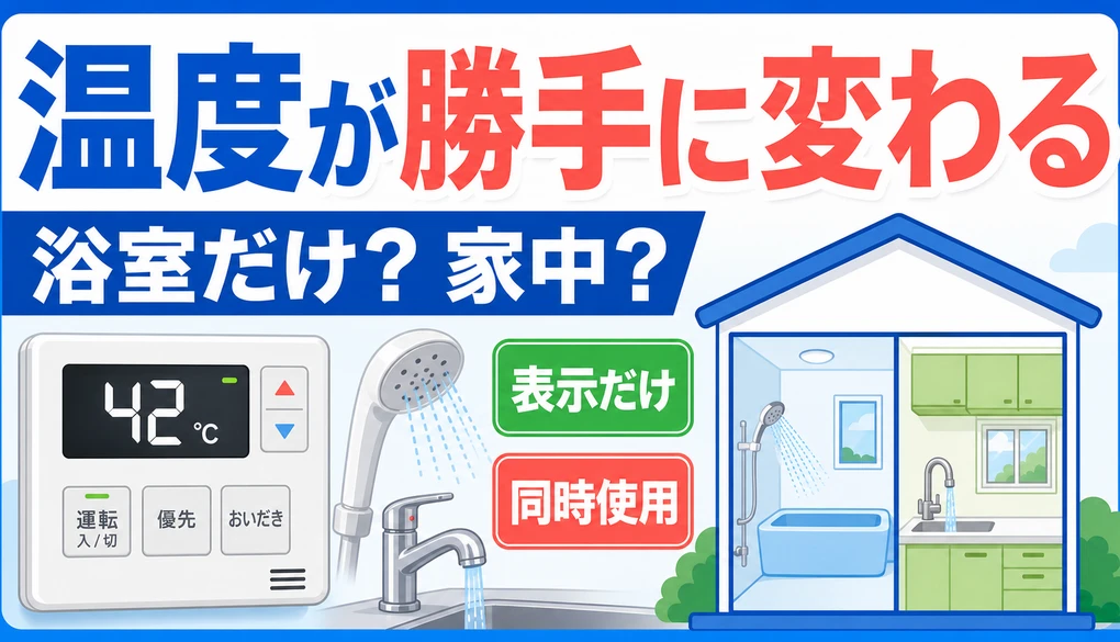 給湯器の温度が勝手に変わる時に浴室だけか家中かを確認する記事のサムネイル